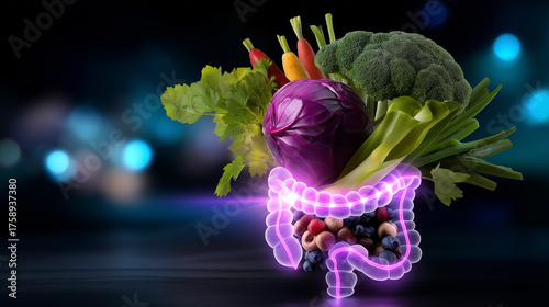 Scientific nutrition design — vegetables blended into glowing digestive system graphic, symbolizing enhanced gut function and bio-balance, with copy space.