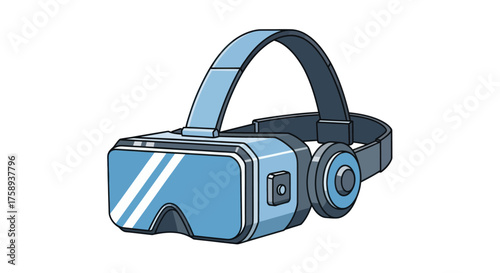 Futuristic Blue Virtual Reality Headset with Integrated Headphones.