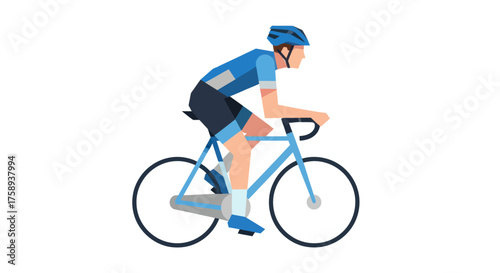 Cyclist in Blue Riding Bicycle Wearing Helmet and Gear.