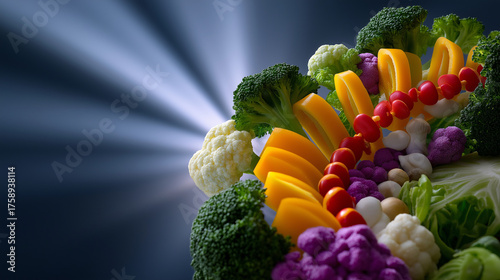 Smart nutrition visualization — vegetables forming patterns along a radiant digestive system, symbolizing harmony and efficient metabolism, with copy space.