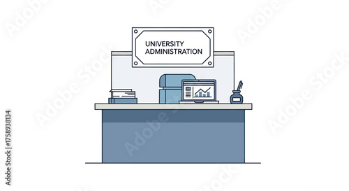 Illustrated University Administration Reception Desk with Laptop and Sign.