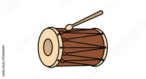 Traditional Indian Dholak Drum with Wooden Drumstick Illustration.