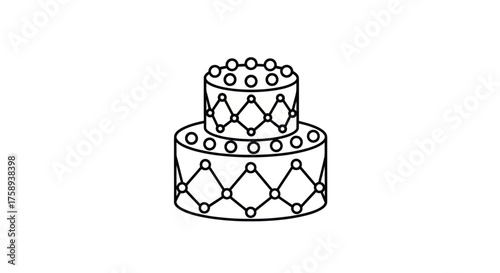 Two-tiered cake line art illustration with decorative dots and diamond pattern.