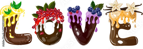 Vector illustration of the word "LOVE," stylized as appetizing chocolate letter-desserts with vibrant glazes and fruit/vanilla toppings (lemon, pomegranate, blueberry, beige vanilla). A perfect choice
