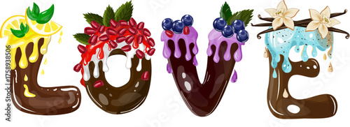 Vector illustration of the word "LOVE," stylized as appetizing chocolate letter-desserts with vibrant glazes and fruit/vanilla toppings (lemon, pomegranate, blueberry, vanilla). Ideal for greetings