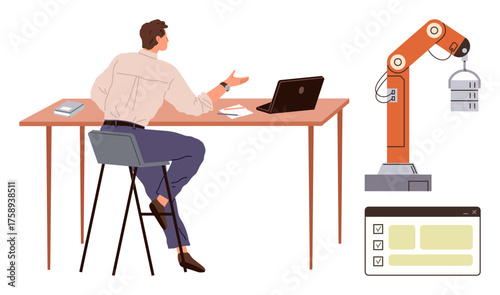 Professional collaborating on manufacturing processes at a desk with robotic arm and digital checklist display. Ideal for automation, technology, innovation, engineering, productivity, robotics