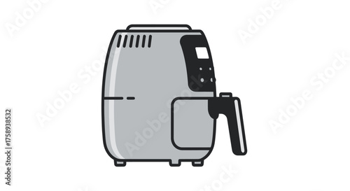 Modern Grey Air Fryer with Digital Display and Handle.