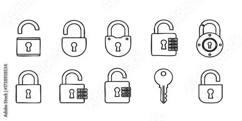 Set of padlock security lock outline icons vector

