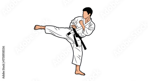 Martial artist in a white gi performing a side kick with a black belt.