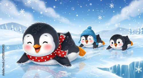 Cute cartoon penguins sliding on ice winter illustration with snowflakes and trees vector design for childrens books and holiday cards