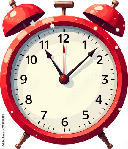 Red alarm clock showing almost midnight symbolizing final countdown to new year joyful celebration and festive anticipation on white background