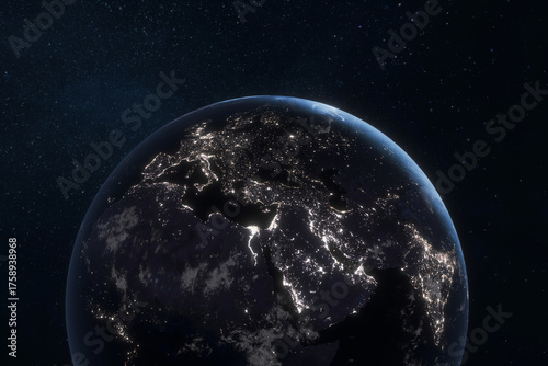 Planet Earth at night seen from space with illuminated cities in Europe, Africa, Middle East, Asia regions, highlighting human activity and global connectivity against the dark universe. Space.