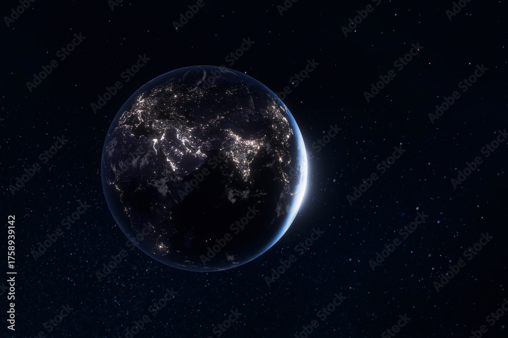 Obraz premium Planet Earth at night seen from space with illuminated cities in Europe, Africa, Middle East, Asia regions, highlighting human activity and global connectivity. Communication and globalization