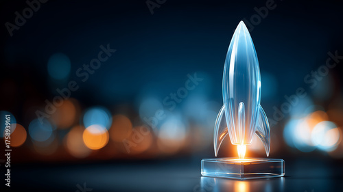 Glass rocket on a stand ready for liftoff, symbolizing a startup launch and the concept of innovation acceleration and bold business ambition
