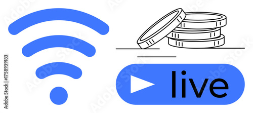 wireless signal beside stacked coins and live streaming button indicating online earnings. Ideal for digital content, live events, remote work, online income, streaming platforms, e-commerce