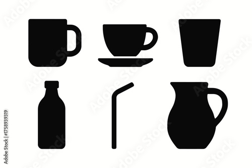 Set of black silhouette drinkware icons: cups, glass, bottle, straw, pitcher