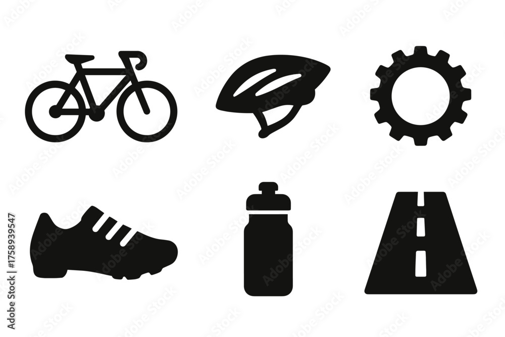 Obraz premium Cycling icons set: bicycle, helmet, gear, shoe, bottle, road