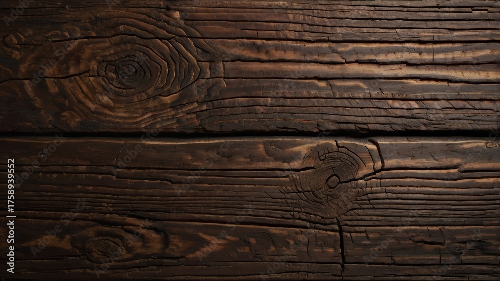 Fototapeta premium Rich dark brown wooden texture background, rustic timber planks with natural grain and knots