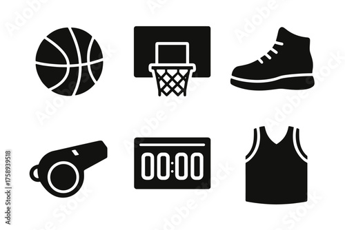 Basketball essentials: ball, hoop, shoe, whistle, scoreboard, jersey icons