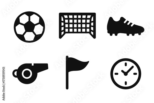 Soccer icons: ball, goal, shoe, whistle, flag, clock on white background