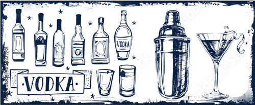 Different bottles with alcohol and different glasses. Vector illustration in sketch style