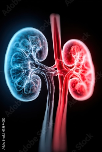 Detailed view of human kidneys showing blood vessels and structures in blue and red colors on a black background