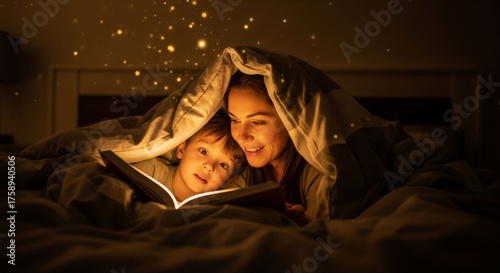 Mother reading bedtime story with son