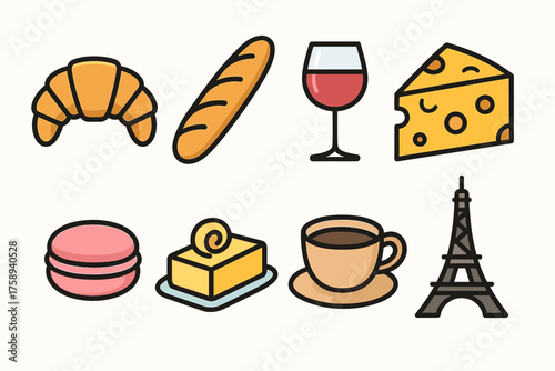 Iconic french cuisine and culture symbols including croissant, cheese, wine, and eiffel tower