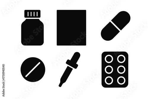 Healthcare icons: medicine, pills, dropper, tablet pack