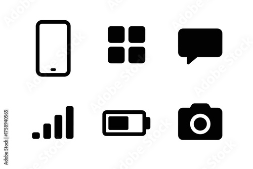 Smartphone icons set: battery, signal, apps, messaging, camera
