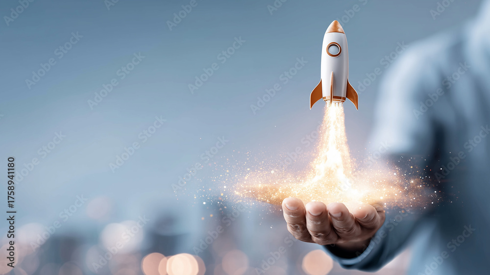 Obraz premium A hand launching a small rocket, representing startup growth product launch momentum and the ignition of innovative ideas into the market. 