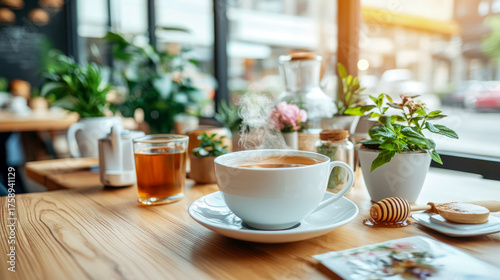 Wallpaper Mural Close-up of steaming hot beverage and iced tea on rustic wooden table in sunlit, inviting cafe interior filled with green plants Torontodigital.ca