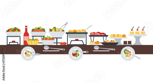 A diverse buffet spread with various dishes and desserts.