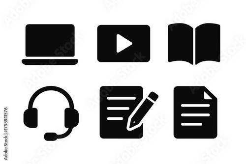 Minimalist icons: laptop, play button, book, headset, notes, document