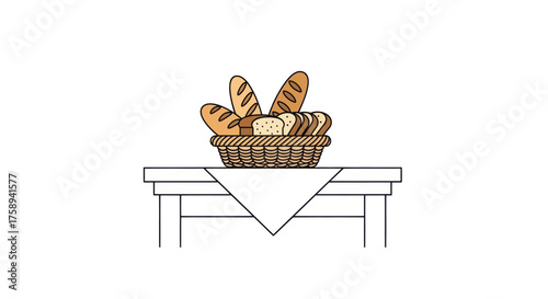Basket of Assorted Breads on a Table with White Cloth.