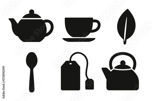 Tea set silhouettes: teapot, cup, spoon, tea bag, leaf icons