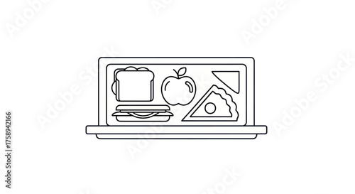 Simple line art icon of a school lunch tray with a sandwich apple and pie.