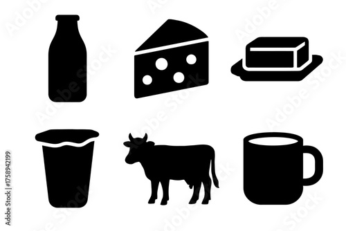 Dairy icons set: milk bottle, cheese, butter, yogurt, cow, coffee mug