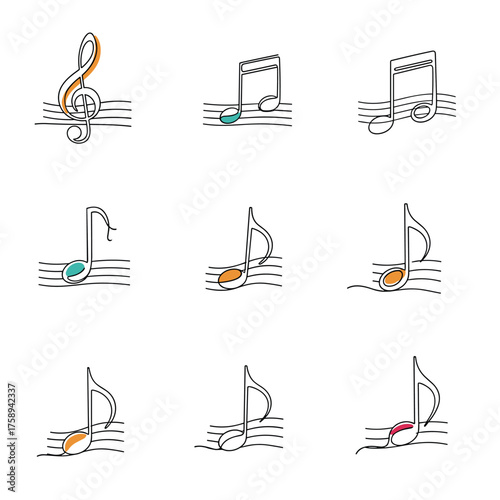 A collection of colorful musical notes and symbols on staff lines.