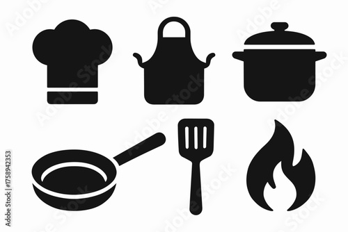 Cooking icon set: chef hat, apron, pot, pan, spatula, and flame symbols