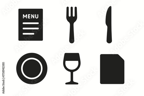 Black and white icons of dining: menu, utensils, plate, and wine glass