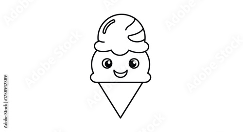 A cute kawaii ice cream cone character with a happy smiling face a simple line art illustration.