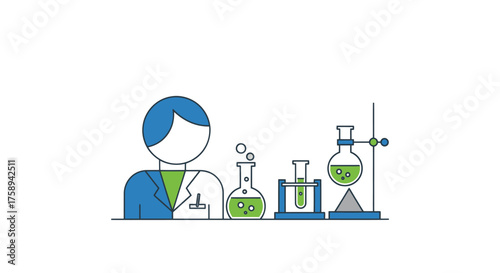 Line Art Scientist with Lab Glassware and Green Liquid Experiment.