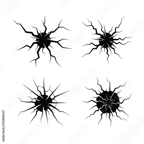 Four distinct illustrations of dark abstract cracks radiating outwards creating a starburst effect.
