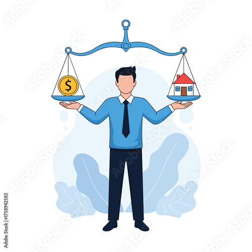 A man balances a dollar coin and a house on a scale.