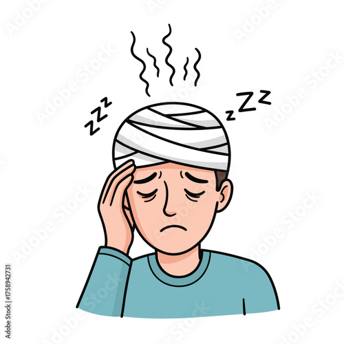 Man with bandaged head feeling dizzy and unwell.