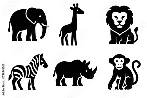 Silhouette of african safari animals: elephant, giraffe, lion, zebra, rhino, monkey