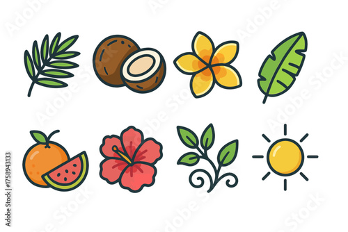 Tropical elements collection with leaves, flowers, coconut, and sun icons