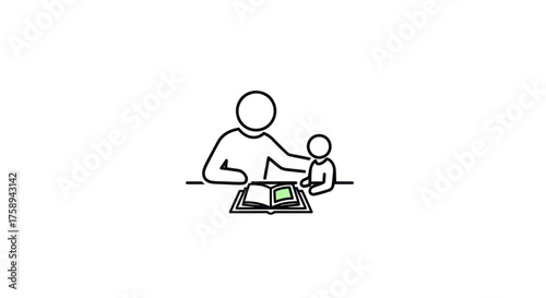 Simple Line Drawing of Parent Reading to Child.