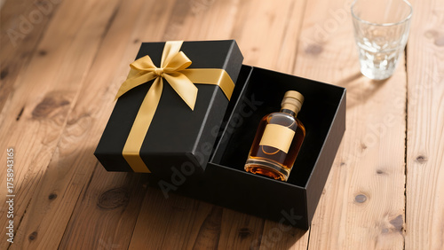 Black luxury gift box with golden satin ribbon and whiskey bottle inside on light wooden table